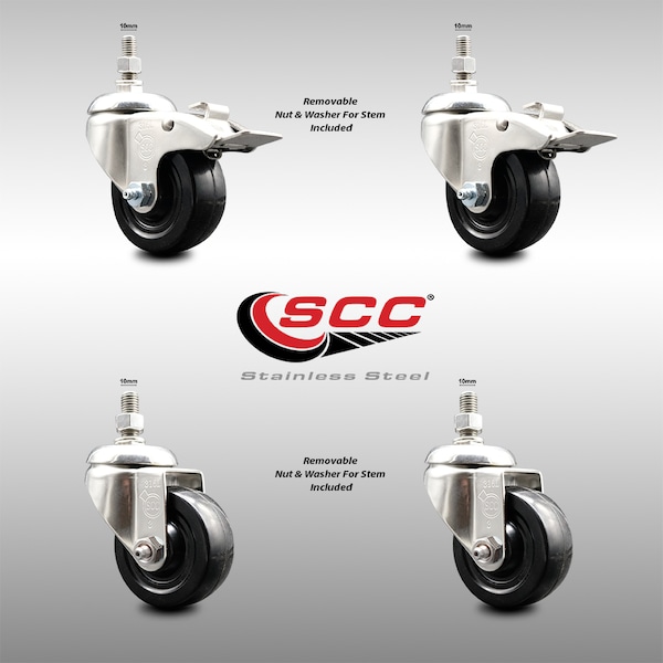 Service Caster 3 Inch 316SS Soft Rubber Swivel 10mm Threaded Stem Caster Lock Brake, 2PK SCC-SS316TSTTL20S314-SRS-M1015-2-S2 - main